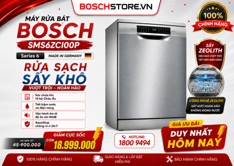 Máy rửa chén độc lập Bosch SMS6ZCI00P - Series 6 - Sấy Zeolith - Made in Germany 